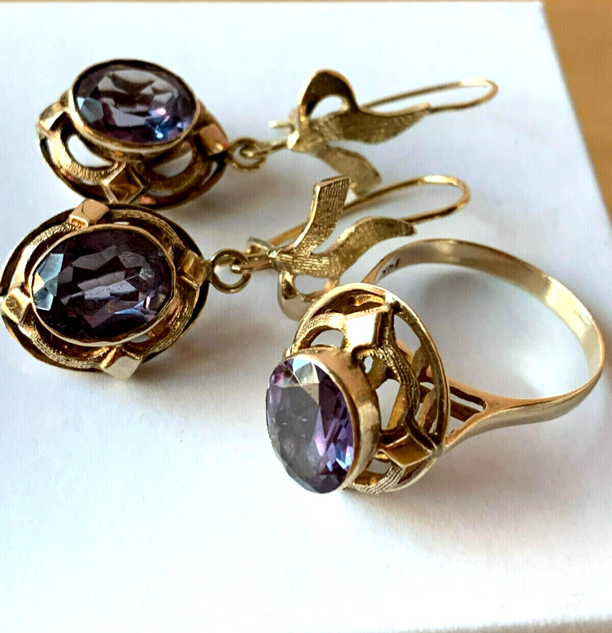 VINTAGE 14K RING & EARRINGS COLOR CHANGE PURPLE SAPPHIRE SET OF 2 CUSTOM MADE