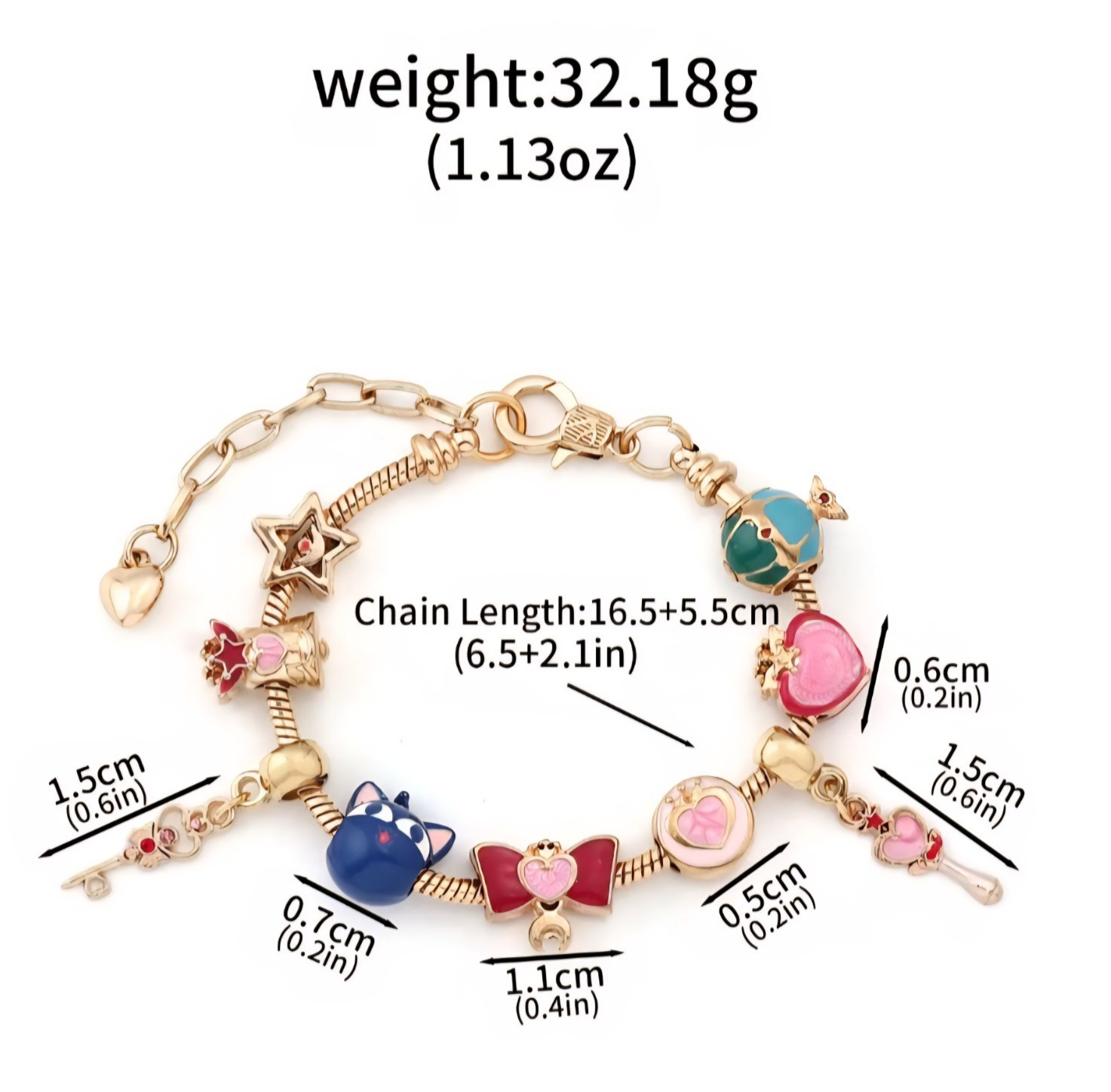 Sailor Moon Magic Sticks, Luna, Stars, Hearts Cute Charms Bracelet