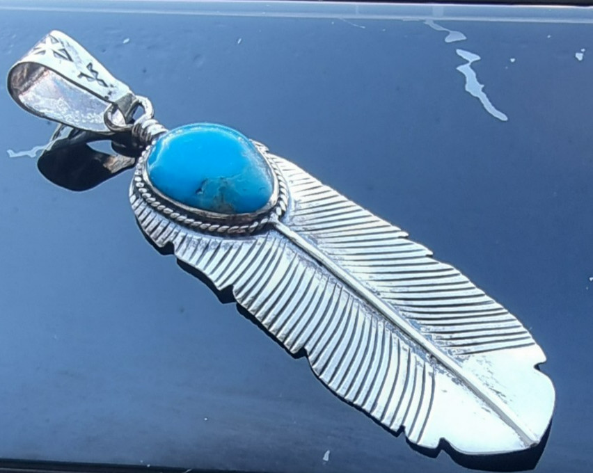 925 STERLING SILVER BLUE 17X12 MM. TEARDROP TURQUOISE FEATHER PENDANT