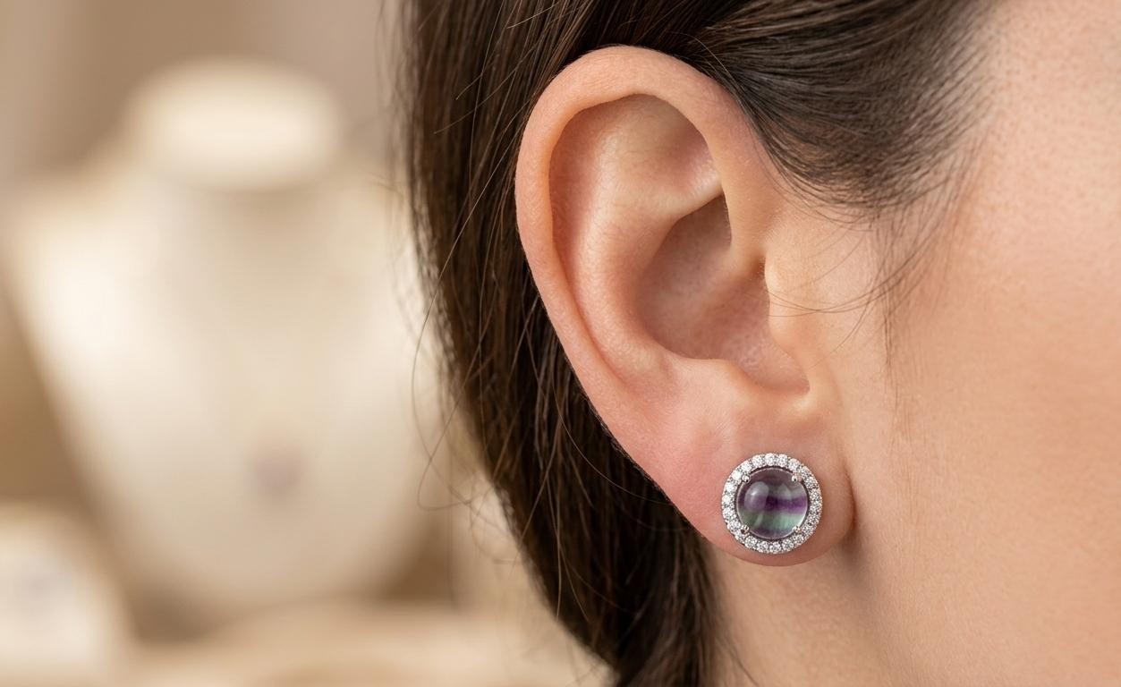 Natural fluorite Stone Stud Earrings 925 Sterling Silver Gift For her.