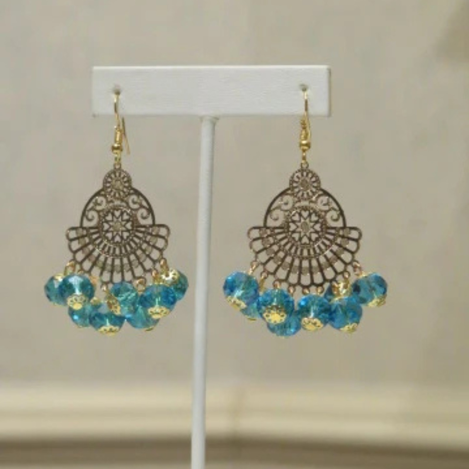 Handmade Aqua Blue Filigree Statement Dangle Earrings Gold Tone Boho Women