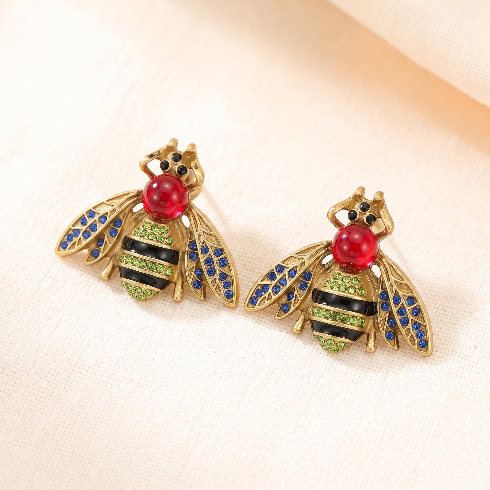 Antique Gold Bee Stud Earrings, Natural Stone Crystal Wings, Women’s Jewelry