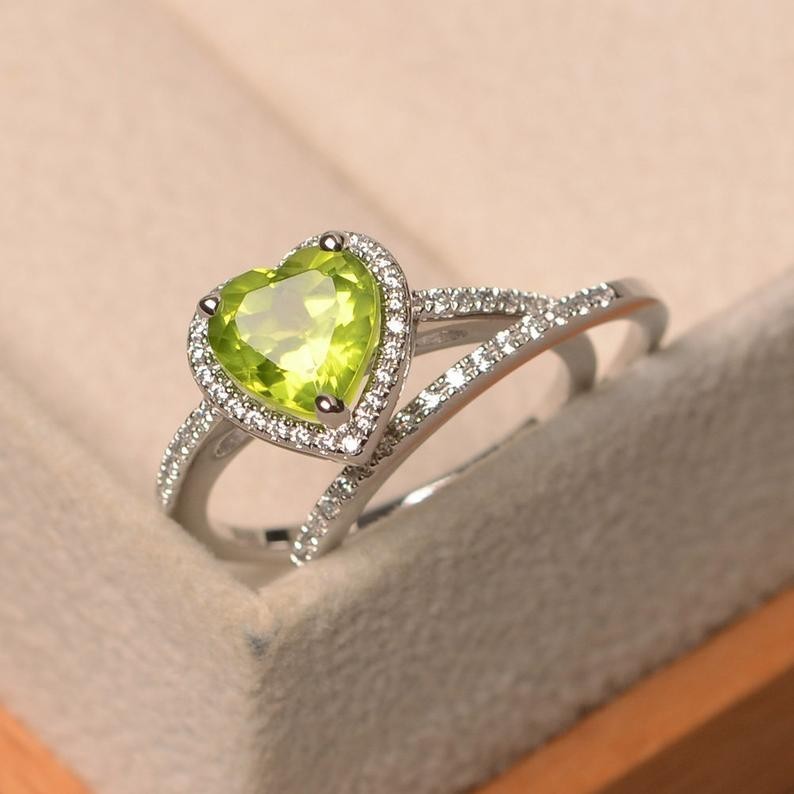1.39 Ct Heart Cut Natural Peridot Diamond wedding Ring 14K White Gold Size 7