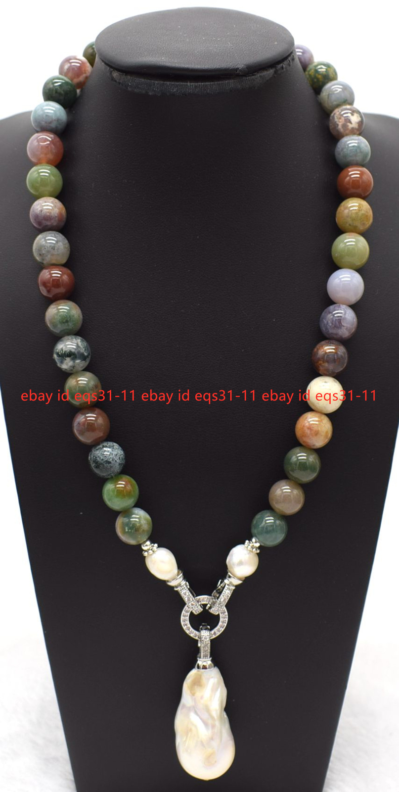 Natural Multicolor India Agate Gems & White Keshi Baroque Pearl Pendant Necklace