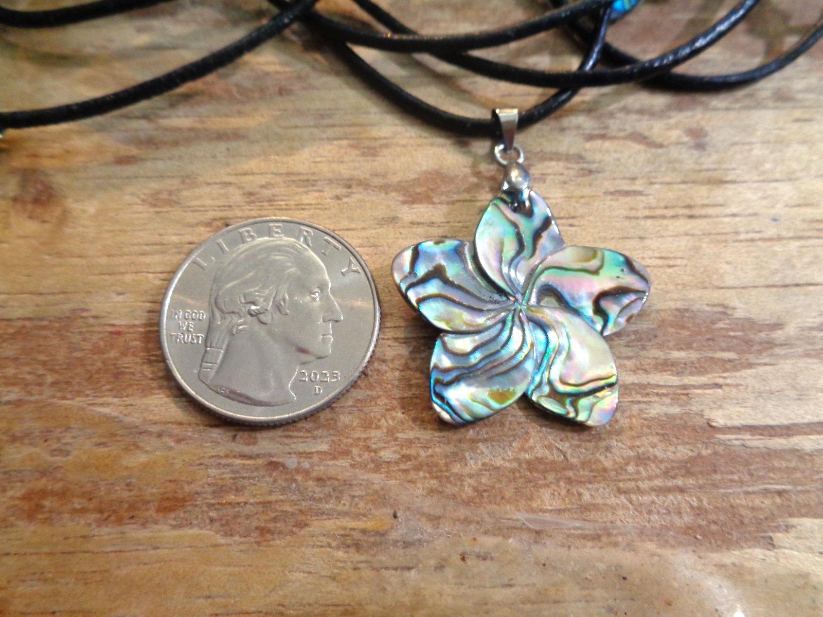 30MM CARVED PAUA ABALONE SHELL HAWAIIAN PLUMERIA PENDANT LEATHER NECKLACE 18″ #1