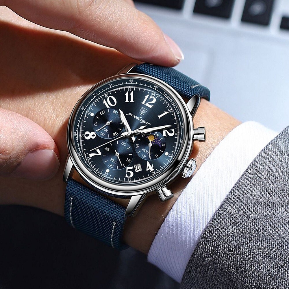POEDAGAR Men Watch Nylon Leather Chronograph Wrist watch Waterproof Luminous