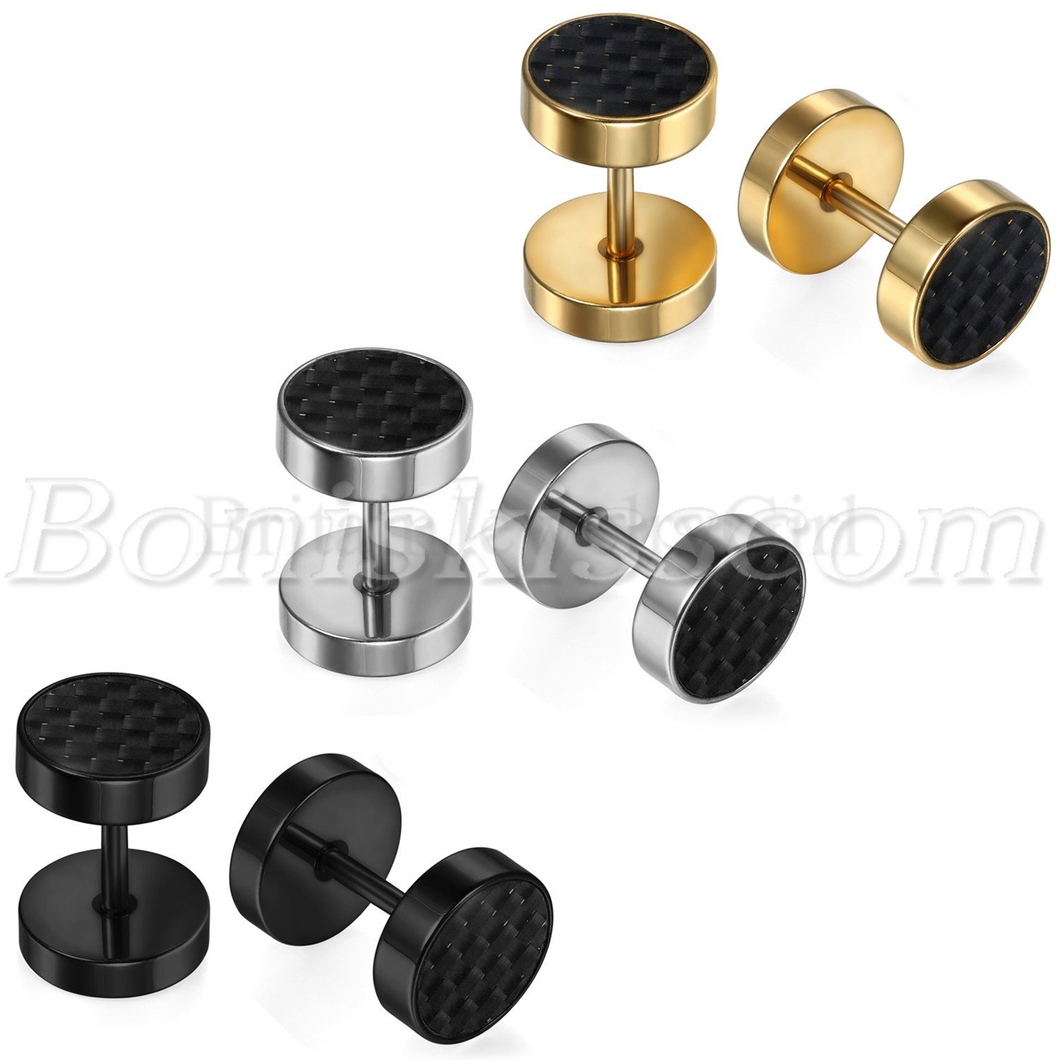 2pcs Mens Women Stainless Steel Carbon Fiber Barbell Dumbbell Ear Studs Earrings
