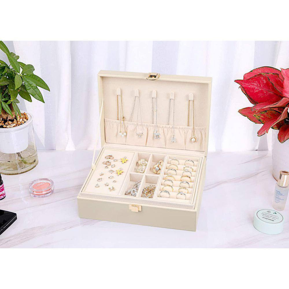 9.1 X 3.37 In. Apricot PU Leather Jewelry Box Organizer for Women, 2-Layer Large