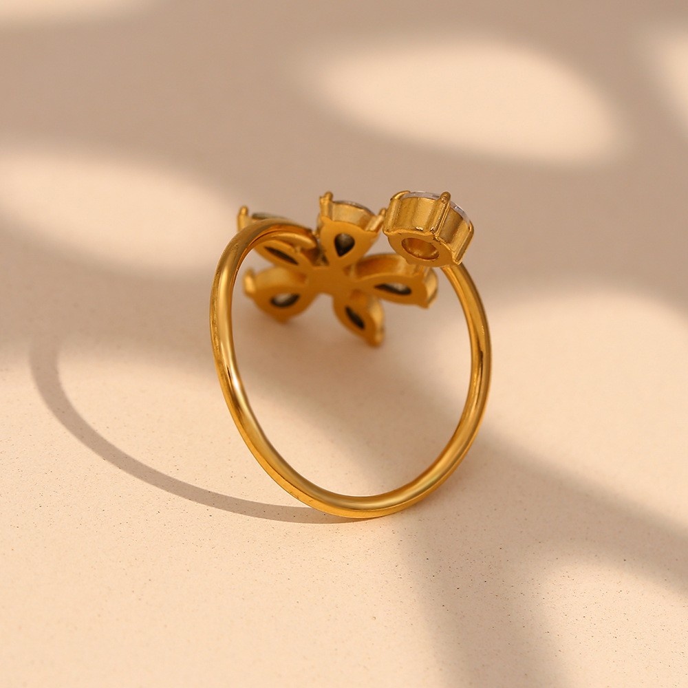 18K Gold Plated Stainless Steel Open Band Ring With Cubic Zirconia Flower Inlay