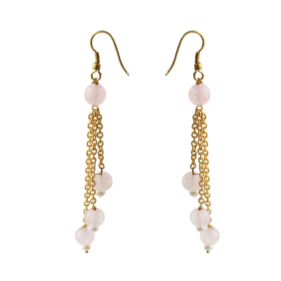 Sterling Silver gold Plated Natural Rose Quartz & Pearl Dangle Earring Jewelry