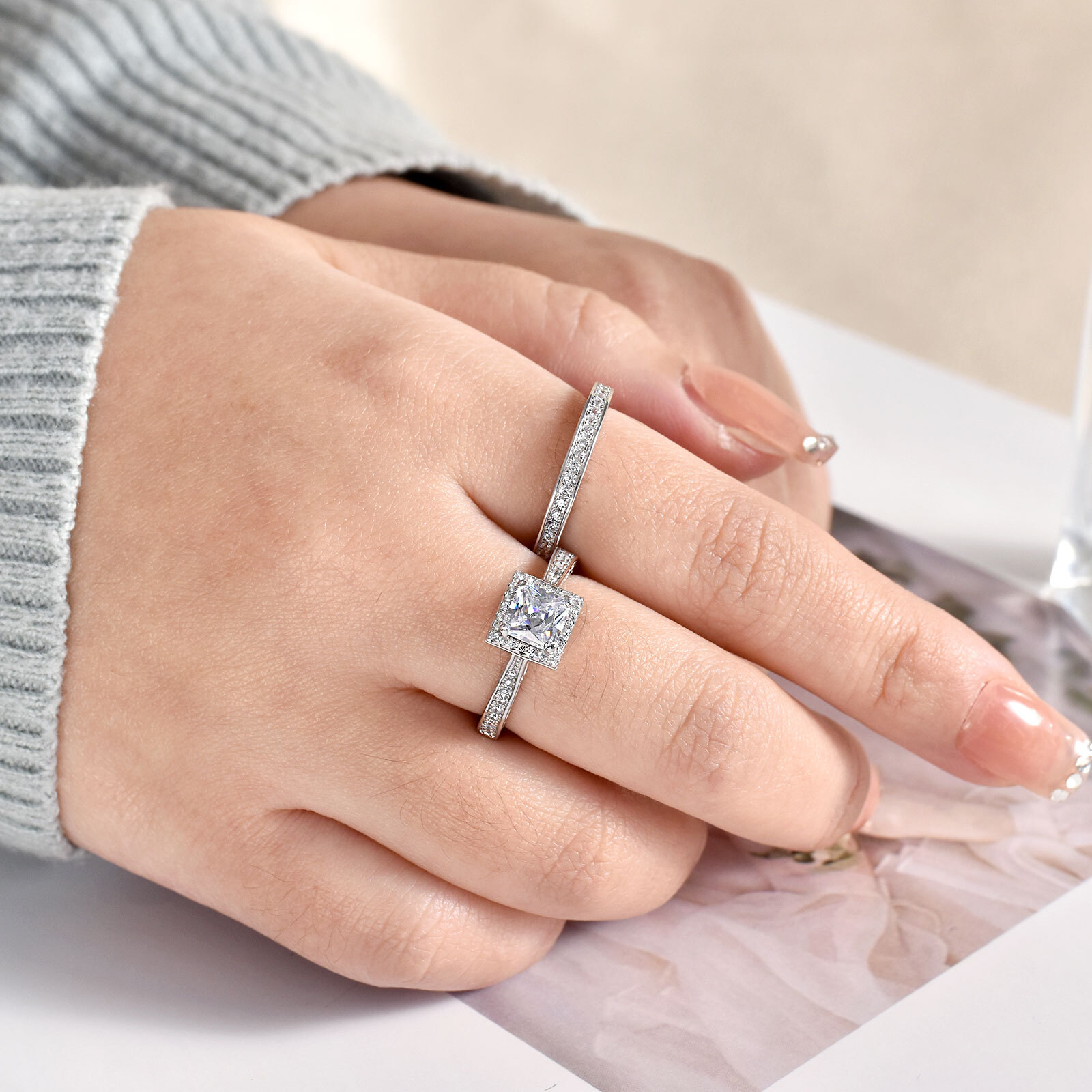 Women 2ct Princess AAAA Cz 925 Sterling Silver Wedding Engagement Ring Set 4-13