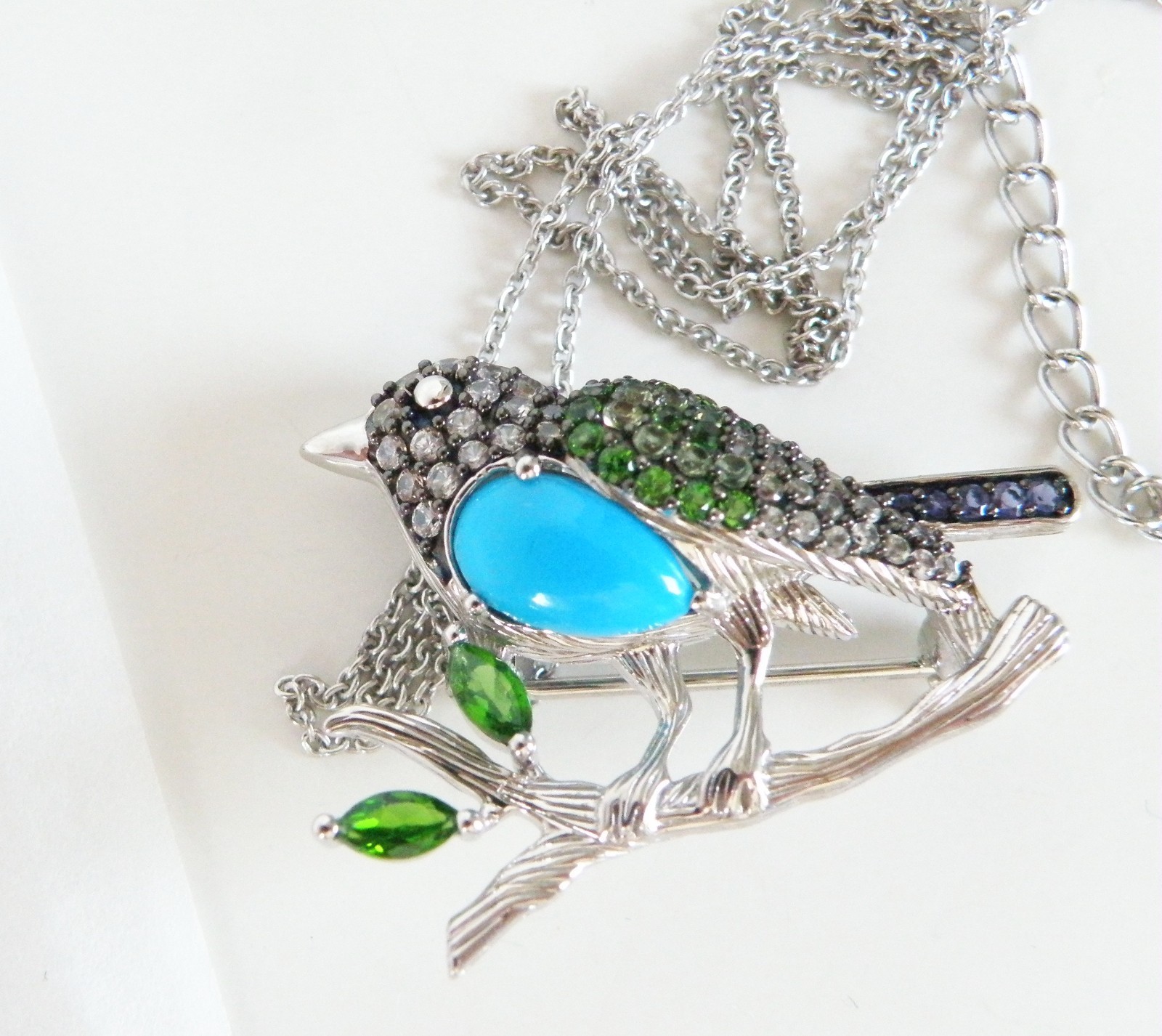 Victoria Wieck Sterling Silver 925 Turquoise Gemstone Bird Brooch Slide Necklace