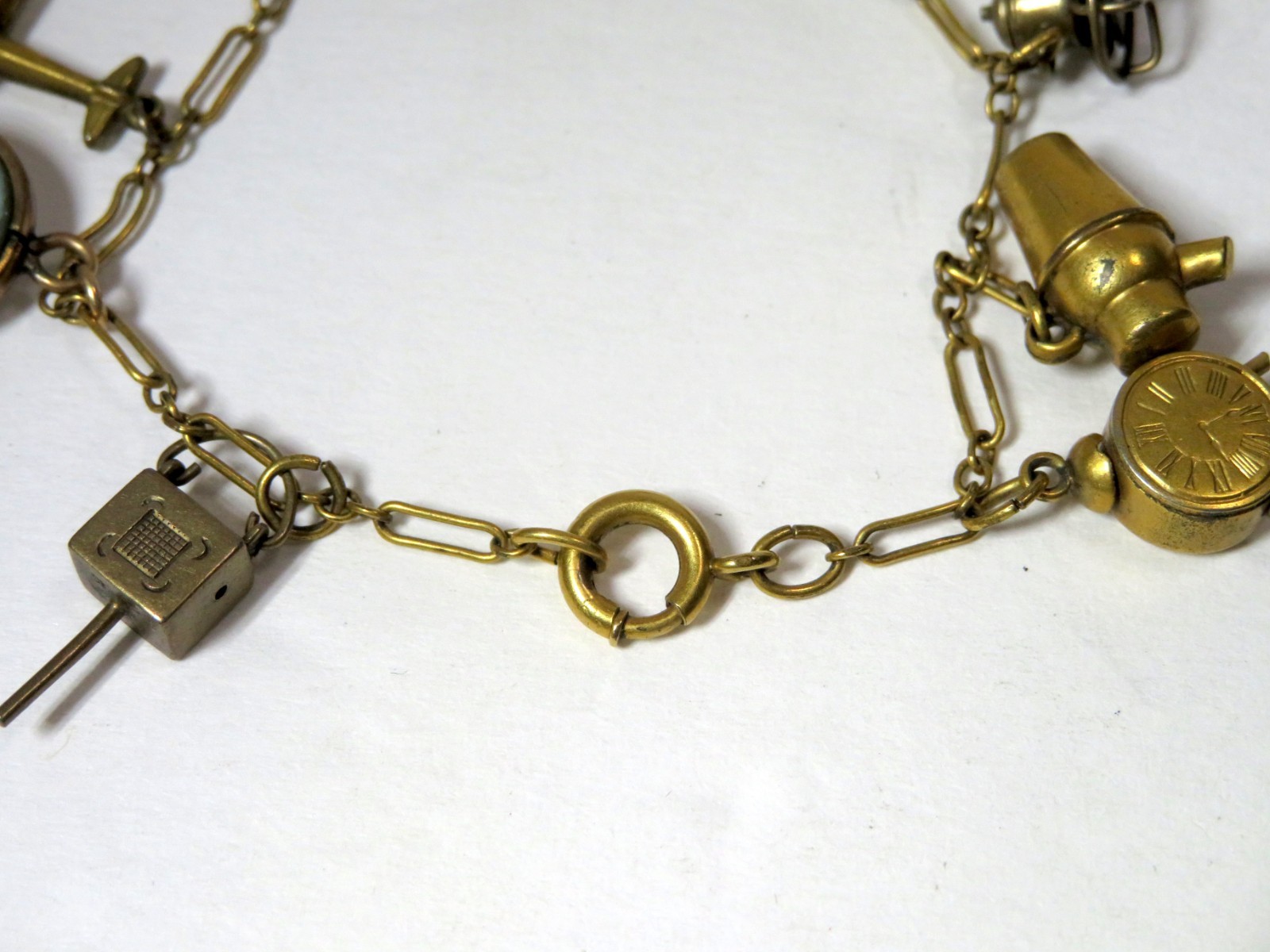 Vintage Brass Charm Bracelet W/ 10 Charms – 7 Inches