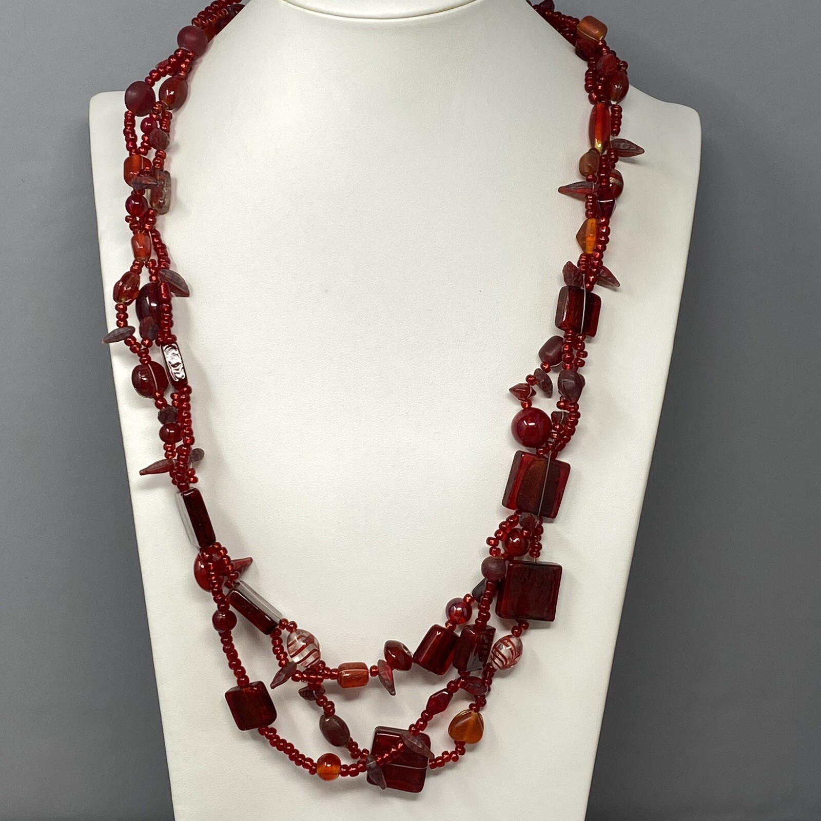 VTG Boho Glass Necklace Red Burgundy Glass Beads Czech Dichroic Frost Molded 24″
