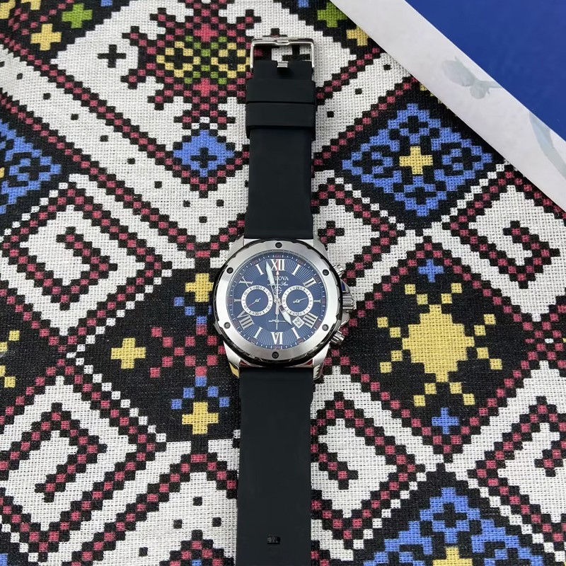 Bulova Men’s Blue Dial Black Rubber Strap Marine Star Quartz 98B258 Watch 44mm