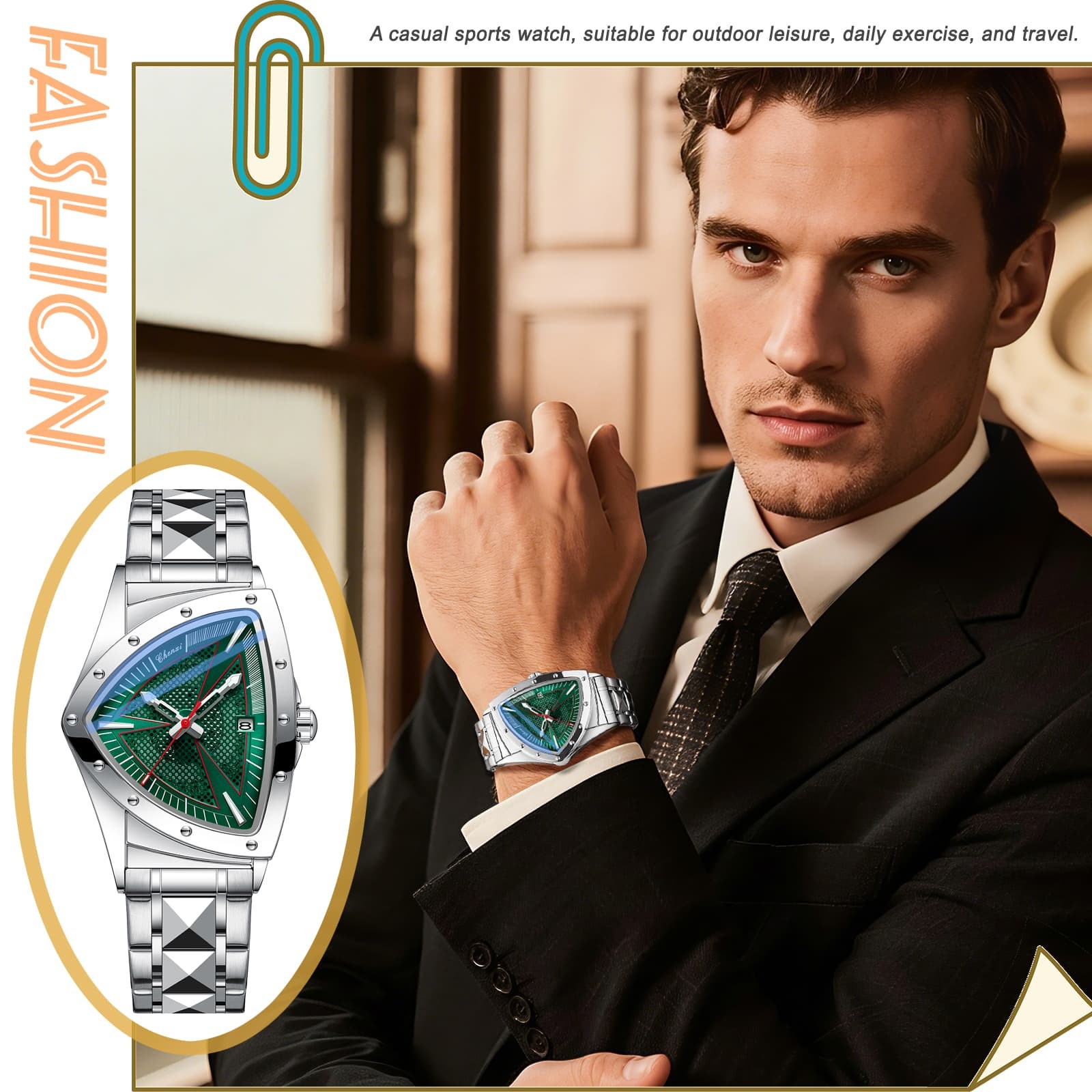 Mens Triabgle Stainless Steel Date Luminous Waterproof Wrist Watch Business Gift