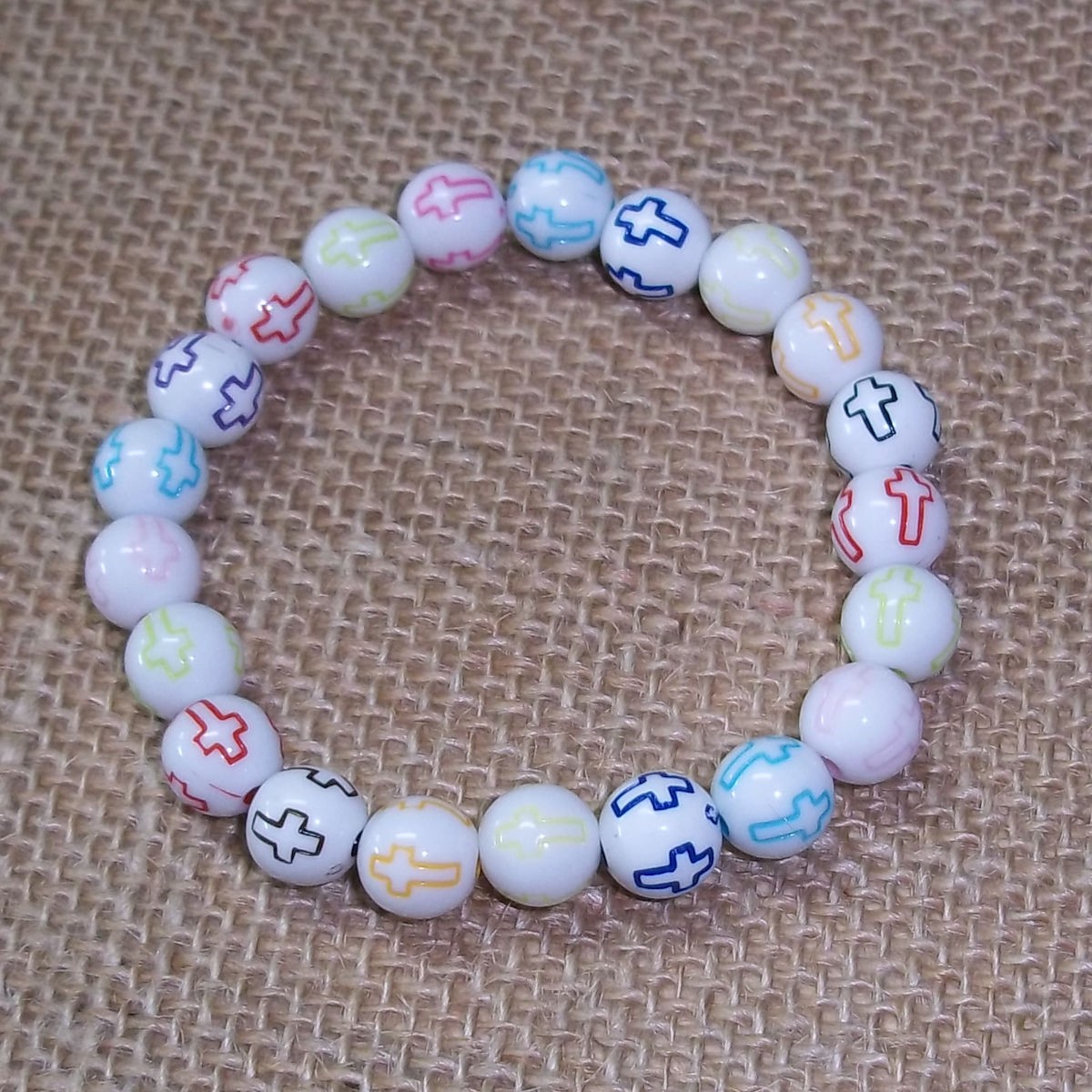 Colors of Faith Cross Round Bead Bracelet 8 Inch Stretch Religious Jewelry