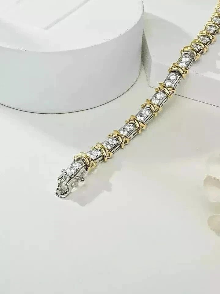 9Ct Round Cut White Moissanite Women’s Tennis Bracelet 14k Two Tone Gold Plated