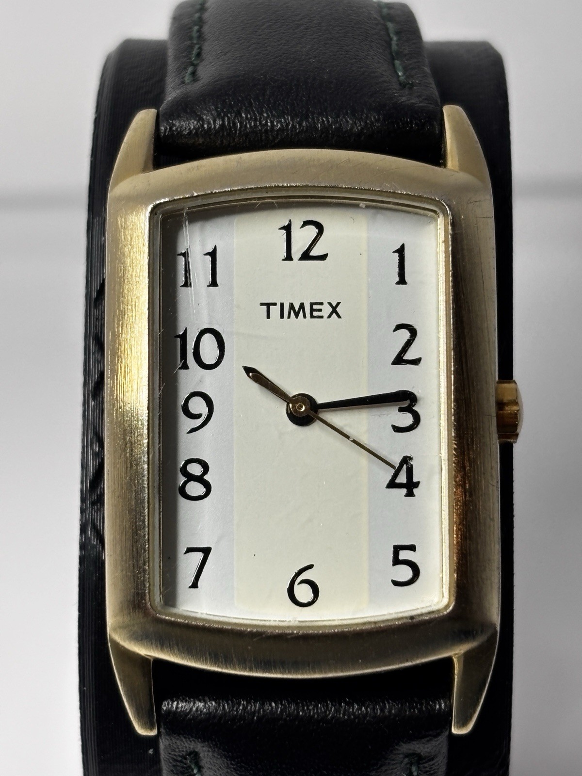 Timex Rectangular Dress Quartz Watch White Dial Gold Tone Case Black Leather
