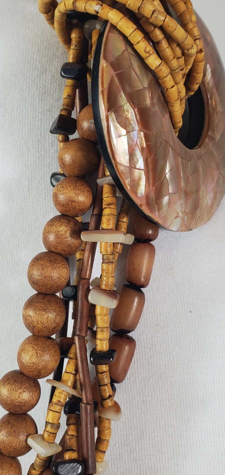 Necklace Statement Earth Tone Wood & Stone Beads Shell Mosaic Pendant 17″ to 21″