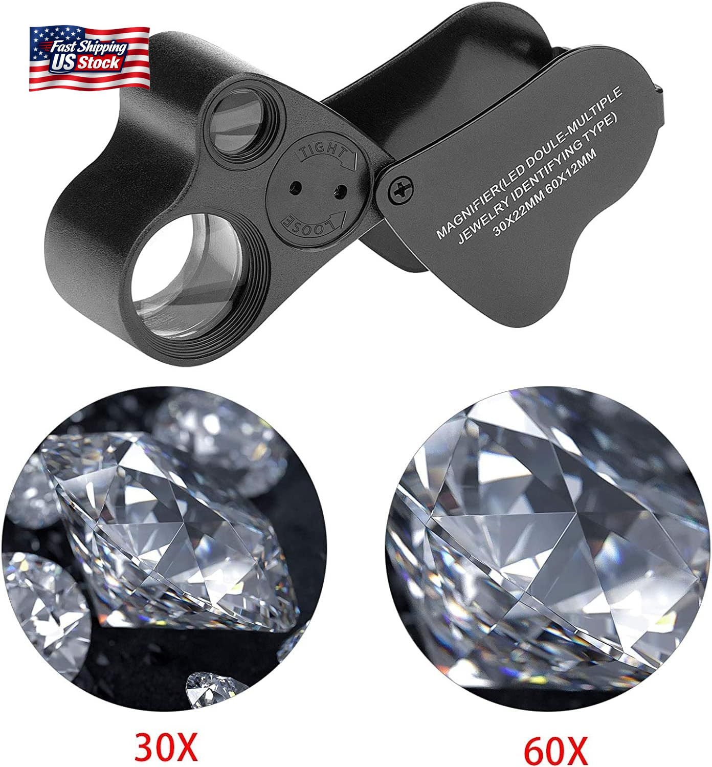 HMKIS Jewelers Loupe, 2 Pack Magnifying Glass with Light, 30X 60X 90X Jewelers L