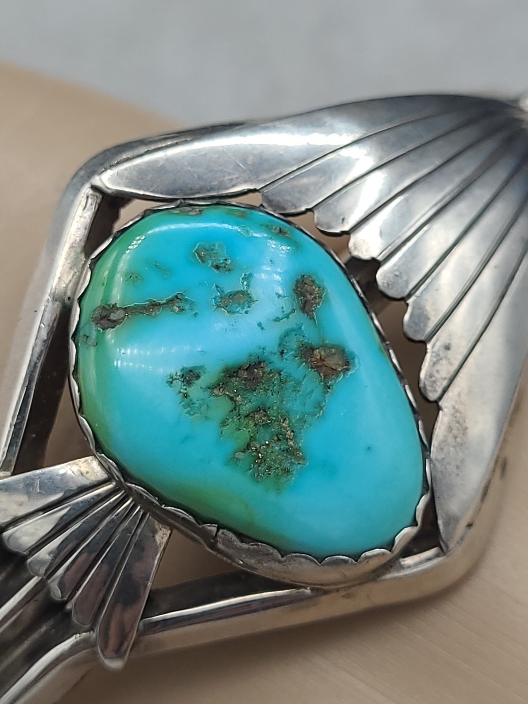 UNSIGNED Sterling Cuff Bracelet Turquoise SOUTHWESTERN Artisan Design 42.5g