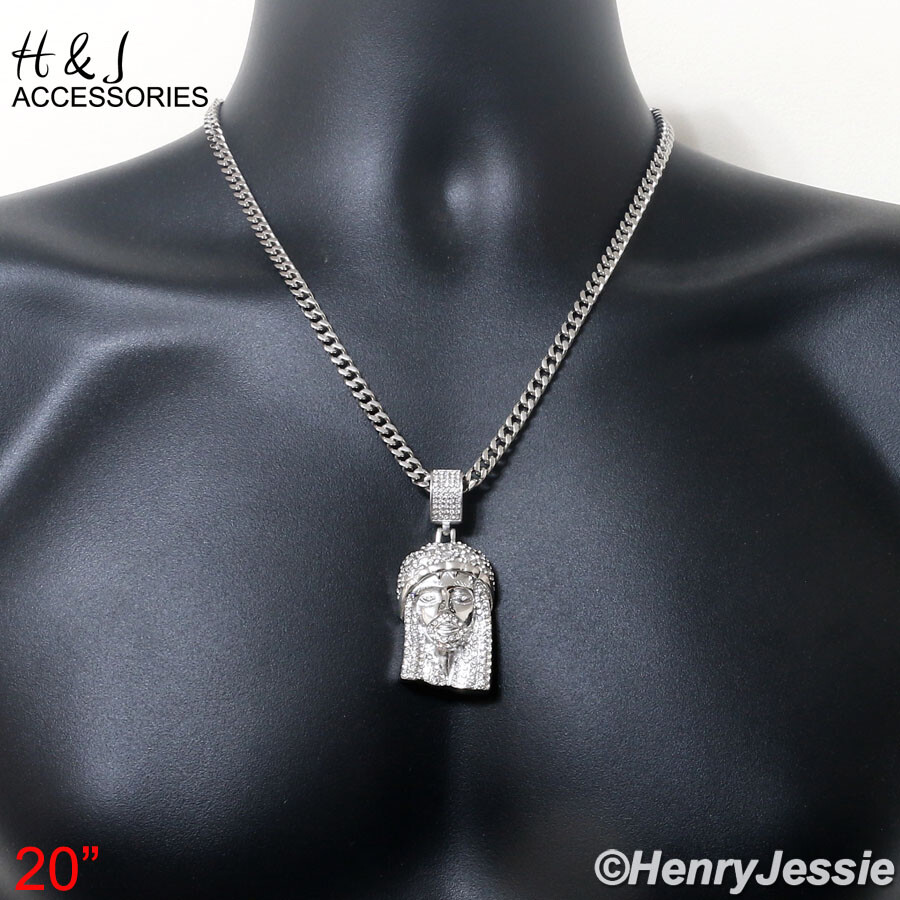 18″-40″Stainless Steel 5mm Silver Cuban Necklace ICY CZ Jesus Head Pendant*IP150