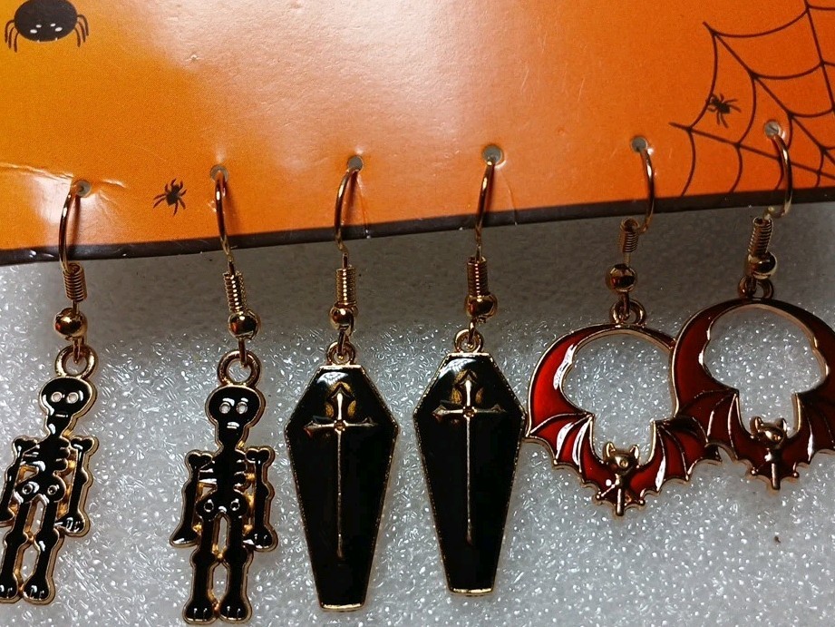 Halloween Fun! Set Of 3 Dangling Enameled Goldtone Earrings, All Ages,