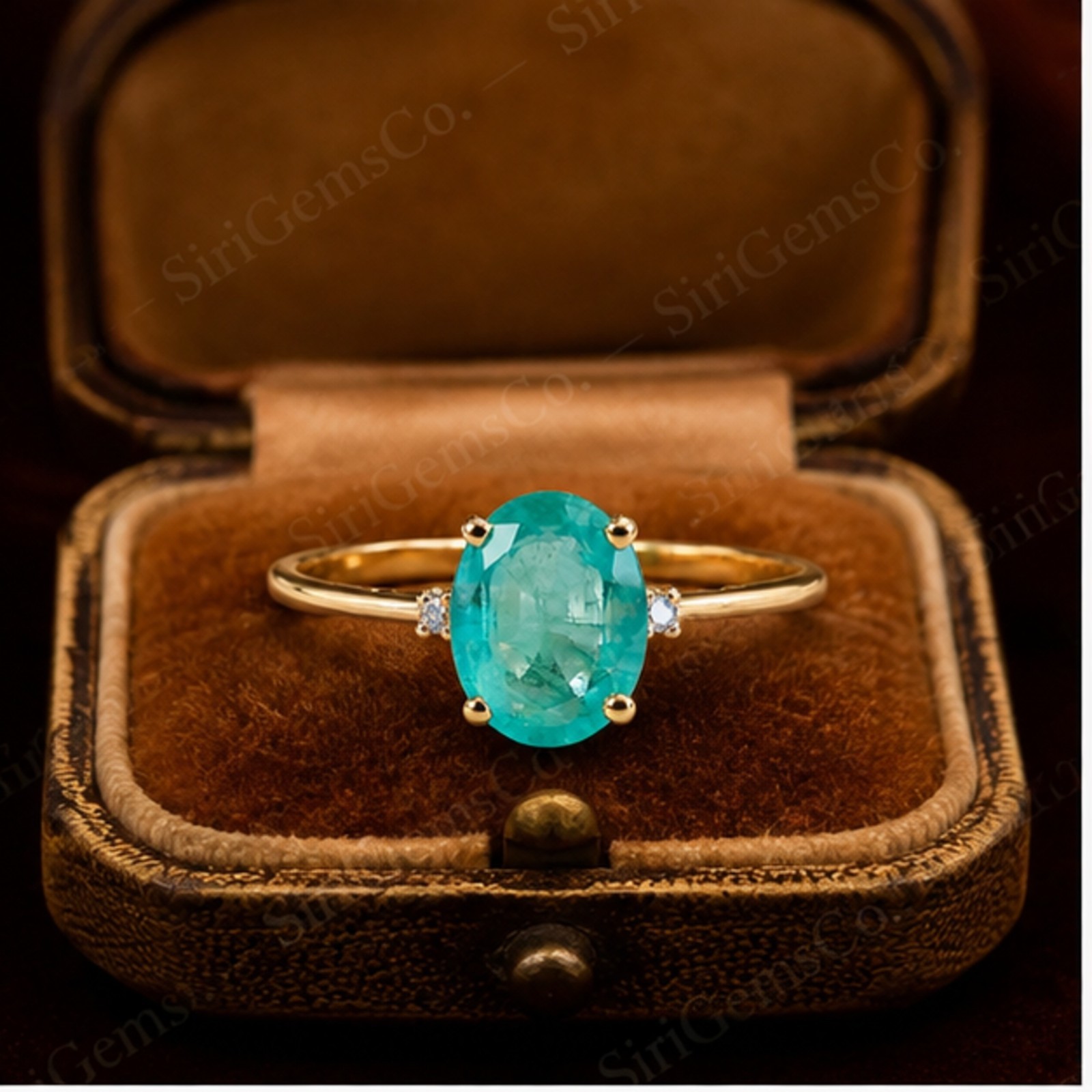 Oval Mint Green Emerald Ring Diamond Side Accent 14k Yellow Gold Over Silver Fin