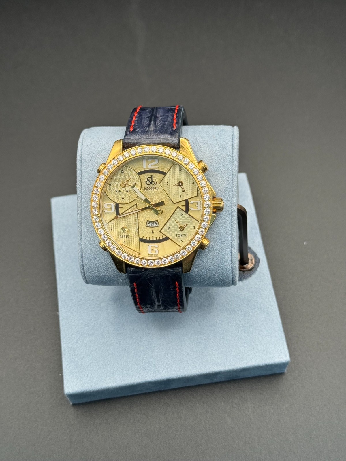 Jacob and Co Five Time Zone Yellow Gold Case Diamond Bezel “Pacific Bay”