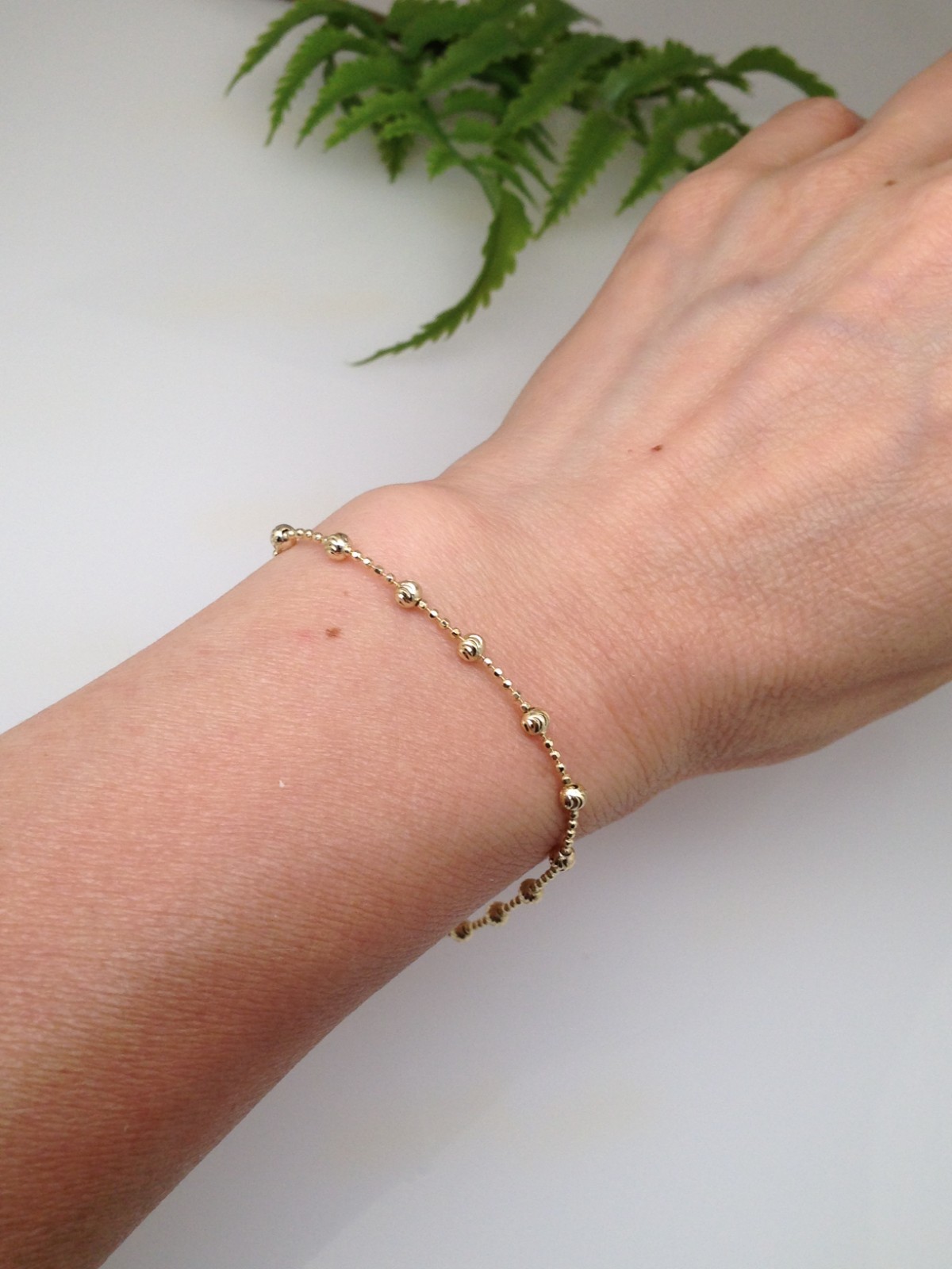 925 Sterling Silver Moon Cut Bead Ball Beaded Gold Chain Bracelet Women 3mm 7″