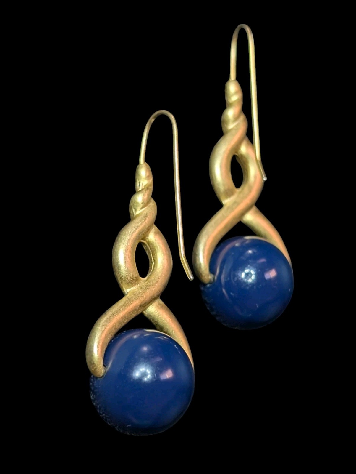 Matte Gold Finish Infinity Twist Dangle Earrings Round Blue Spinning Plastic…