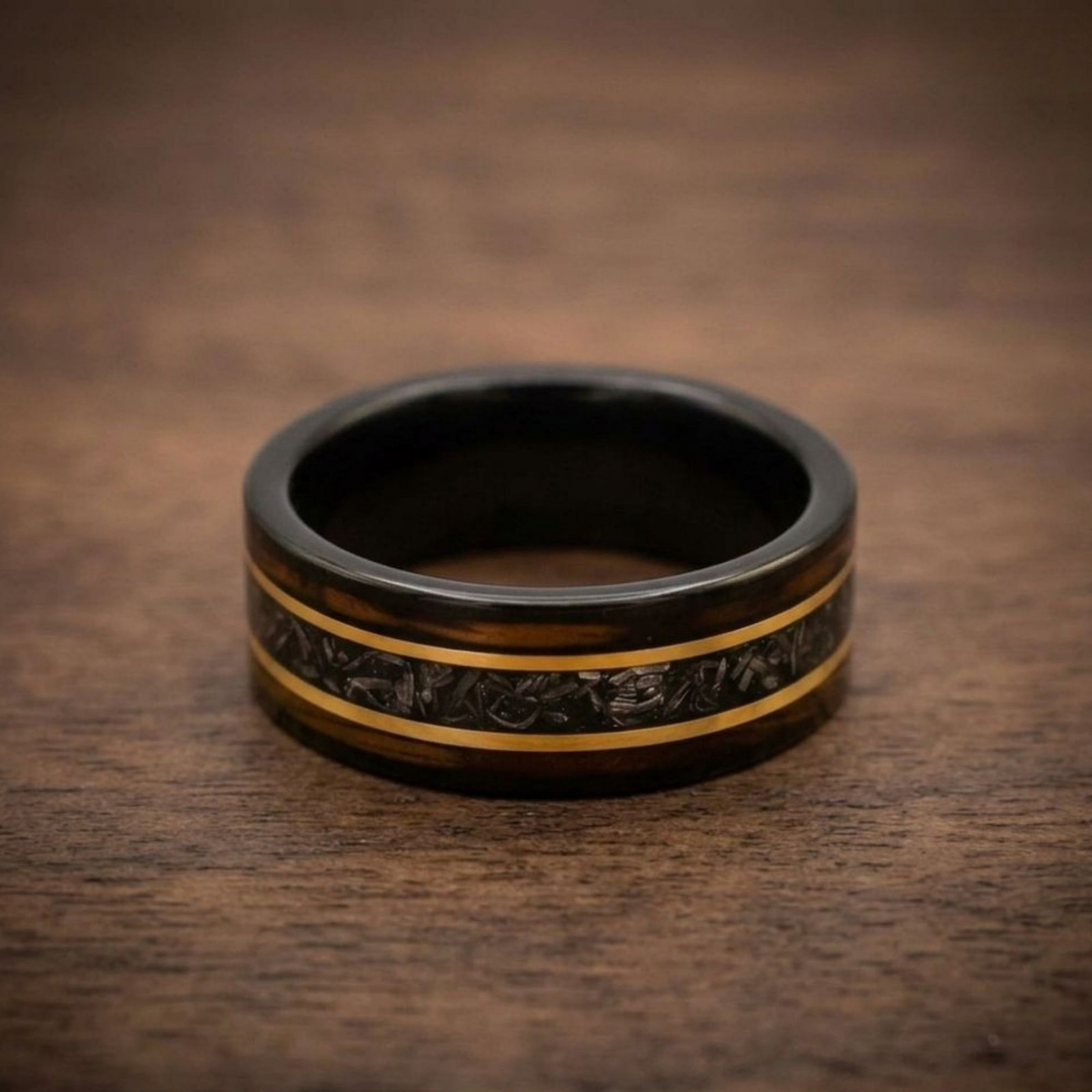 Meteorite Whiskey Barrel Wood Ring Black Tungsten Mens Wedding Band 8mm