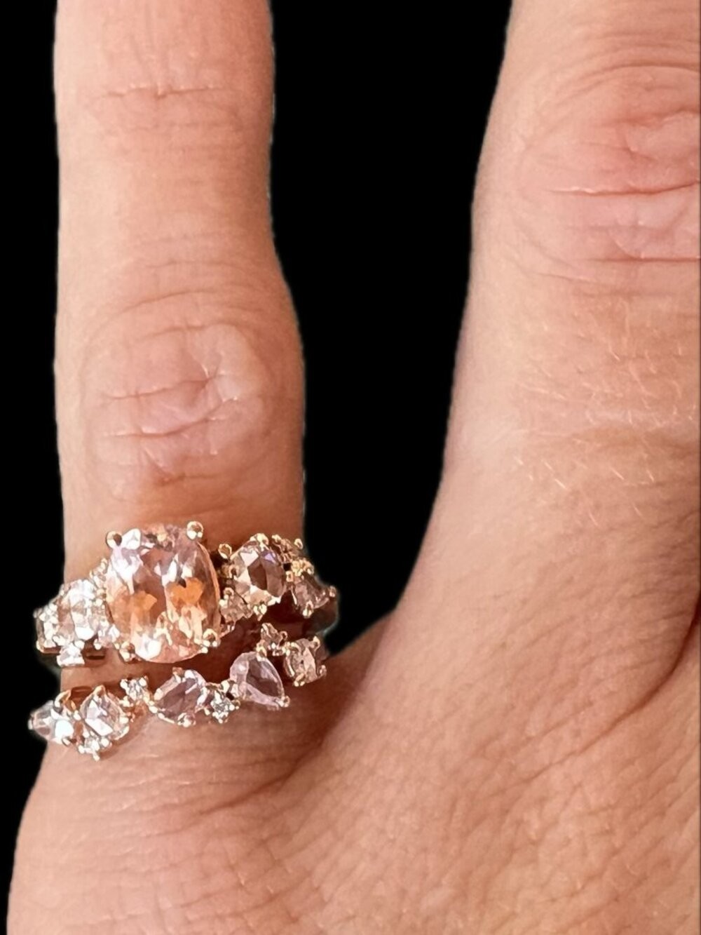 Bridal Set – 2 Morganite + Diamond Cluster Rings, 14K Rose Gold, Luna Skye