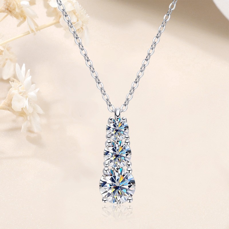 1.8CTW D VVS1 Real Moissanite 3 Stone Pendant Necklace 925 Sterling Silver Chain
