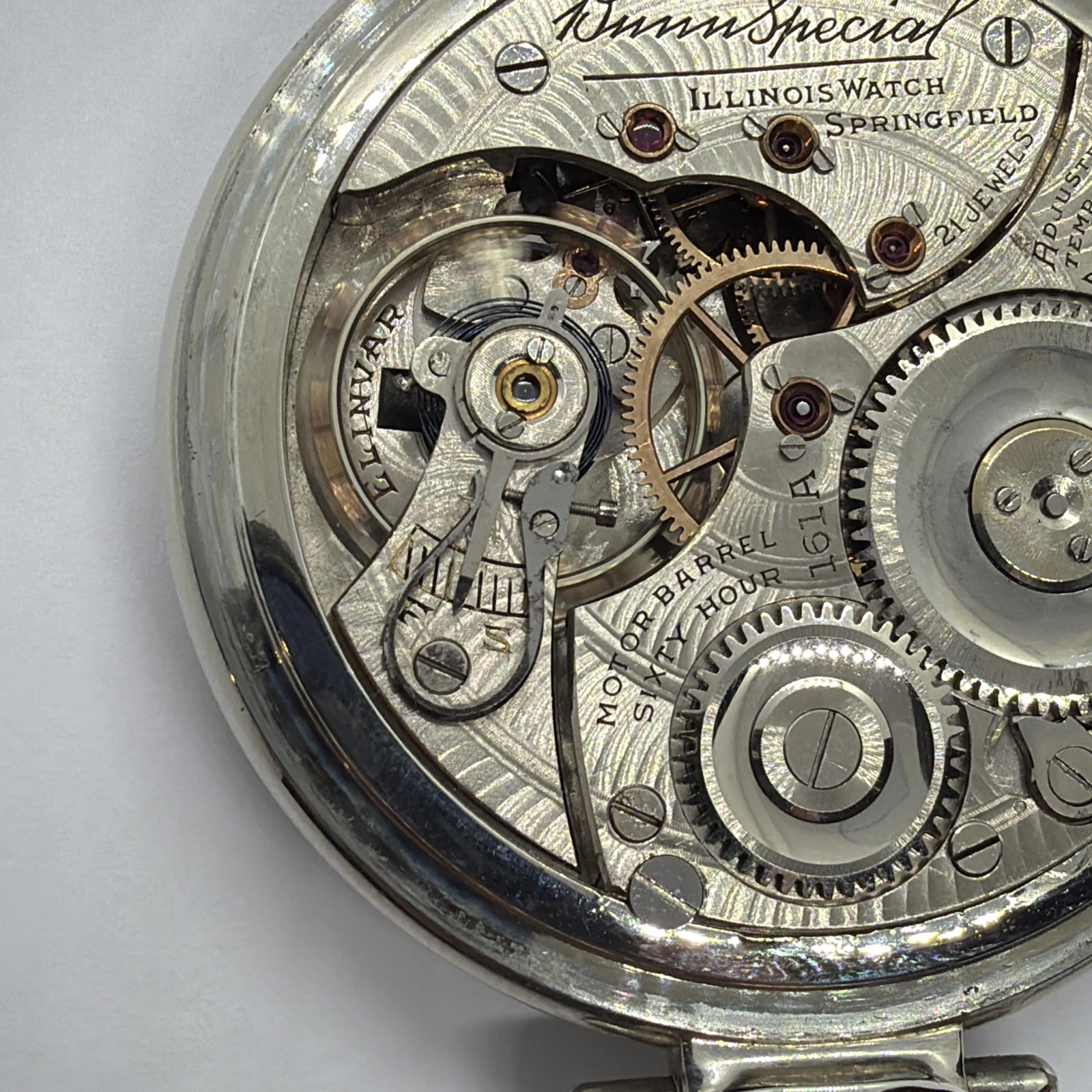 EXCELLENT ILLINOIS 161A ELINVAR 21j 16s BUNN SPECIAL POCKET WATCH 14K WGF 60 HR