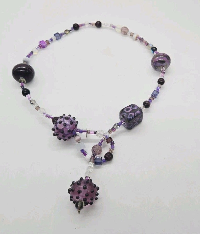 Purple Glass Necklace Bold Art Chunky Bead Statement Shades of Purple 21 in