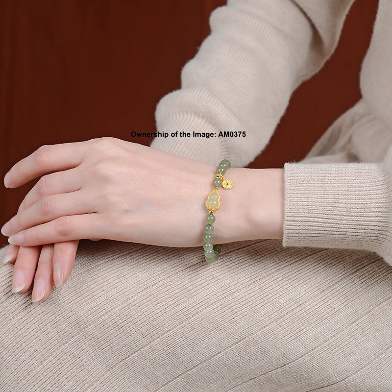 Natural Green Jade Nephrite Bead 925 Silver Gourd Women’s Bracelet 14-16cm