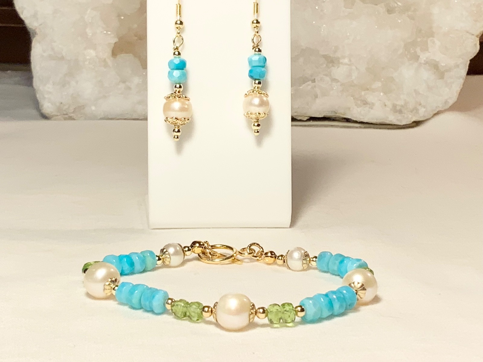 14k GOLD FILLED BLUE PERUVIAN OPAL PEARL PERIDOT BRACELET & EARRINGS SET