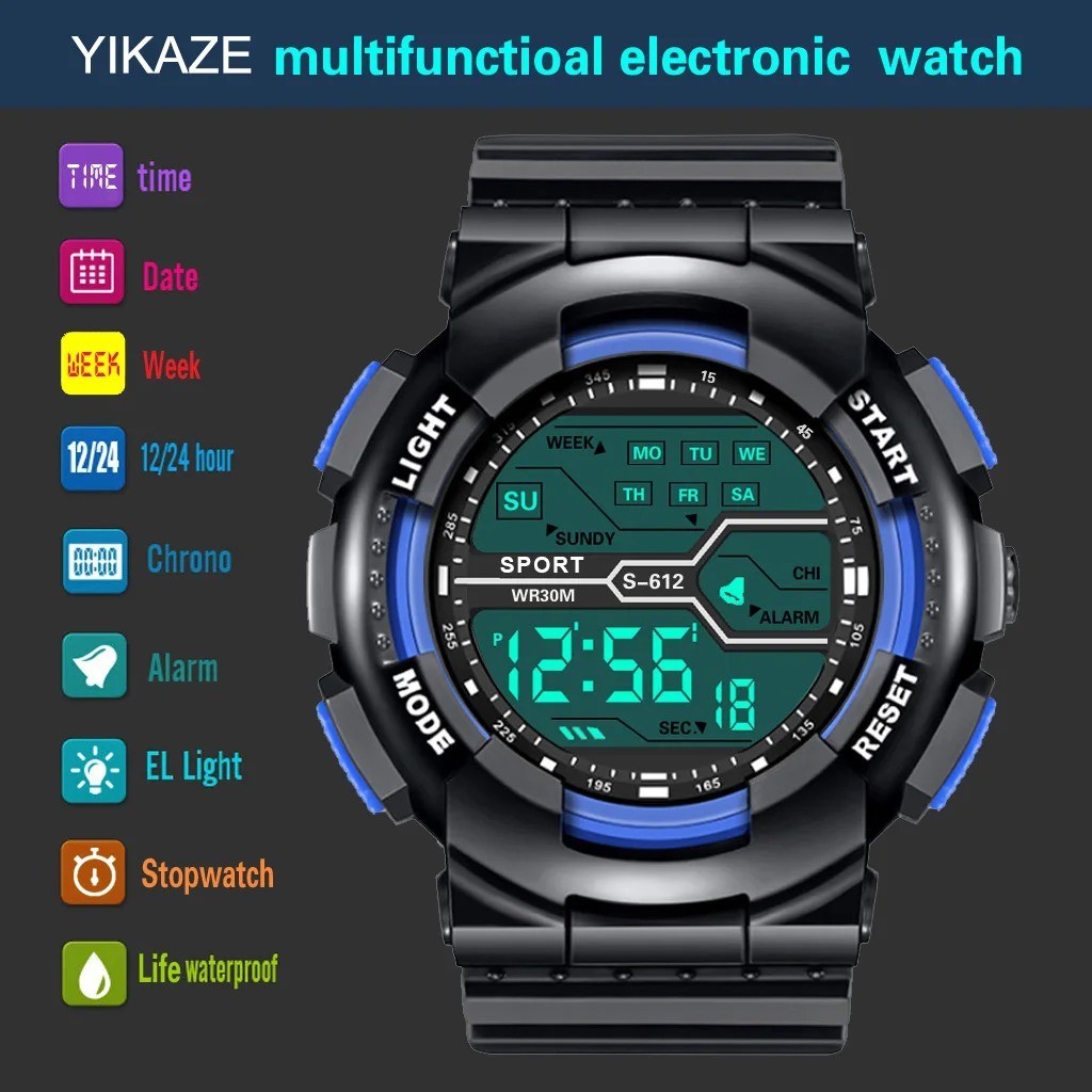 Men’s Digital Sports Watch LED Waterproof Shock Resistant Large Screen Wrist