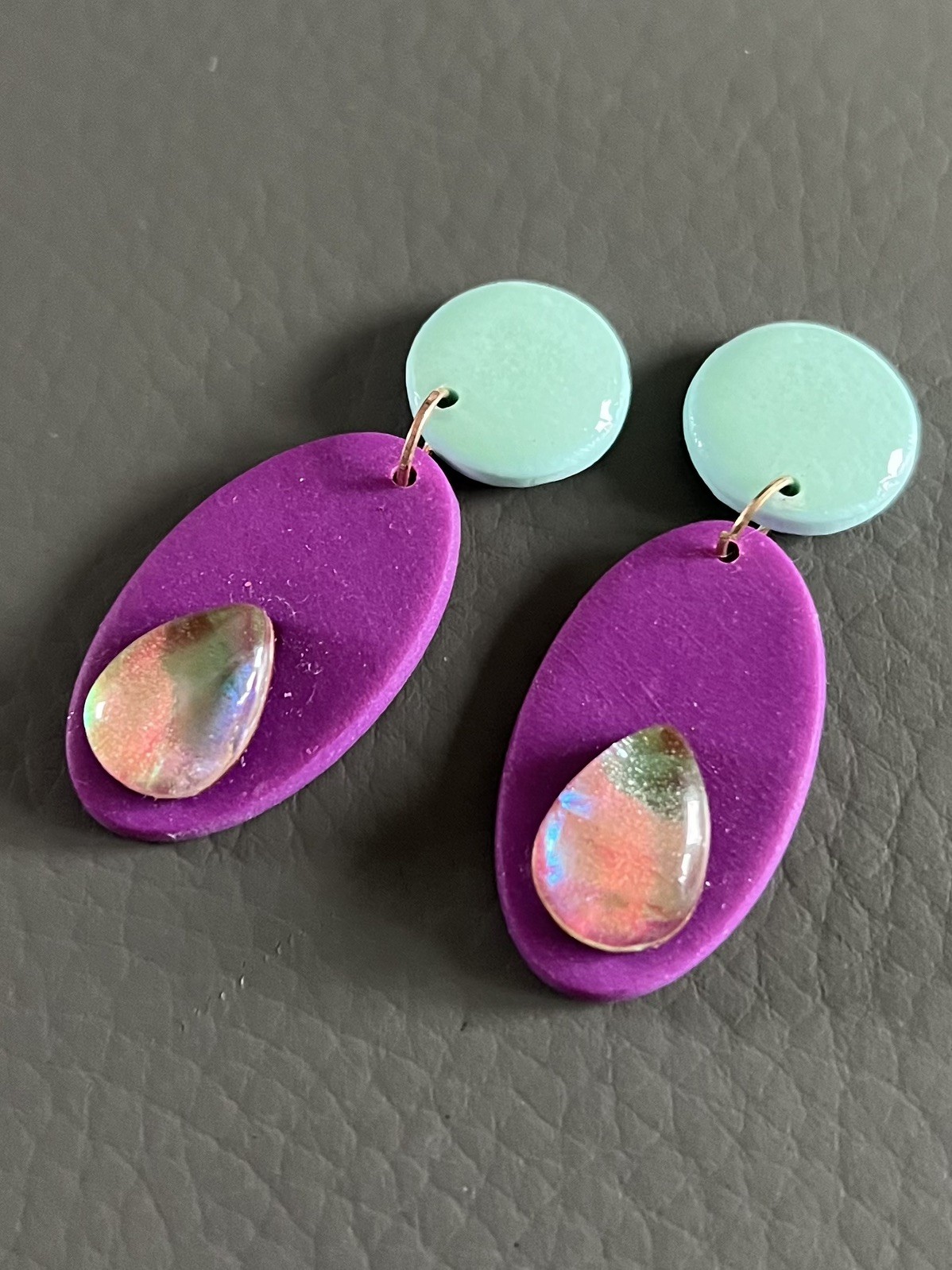 Handmade Purple & Mint Polymer Clay Earrings with Glass Cabochons
