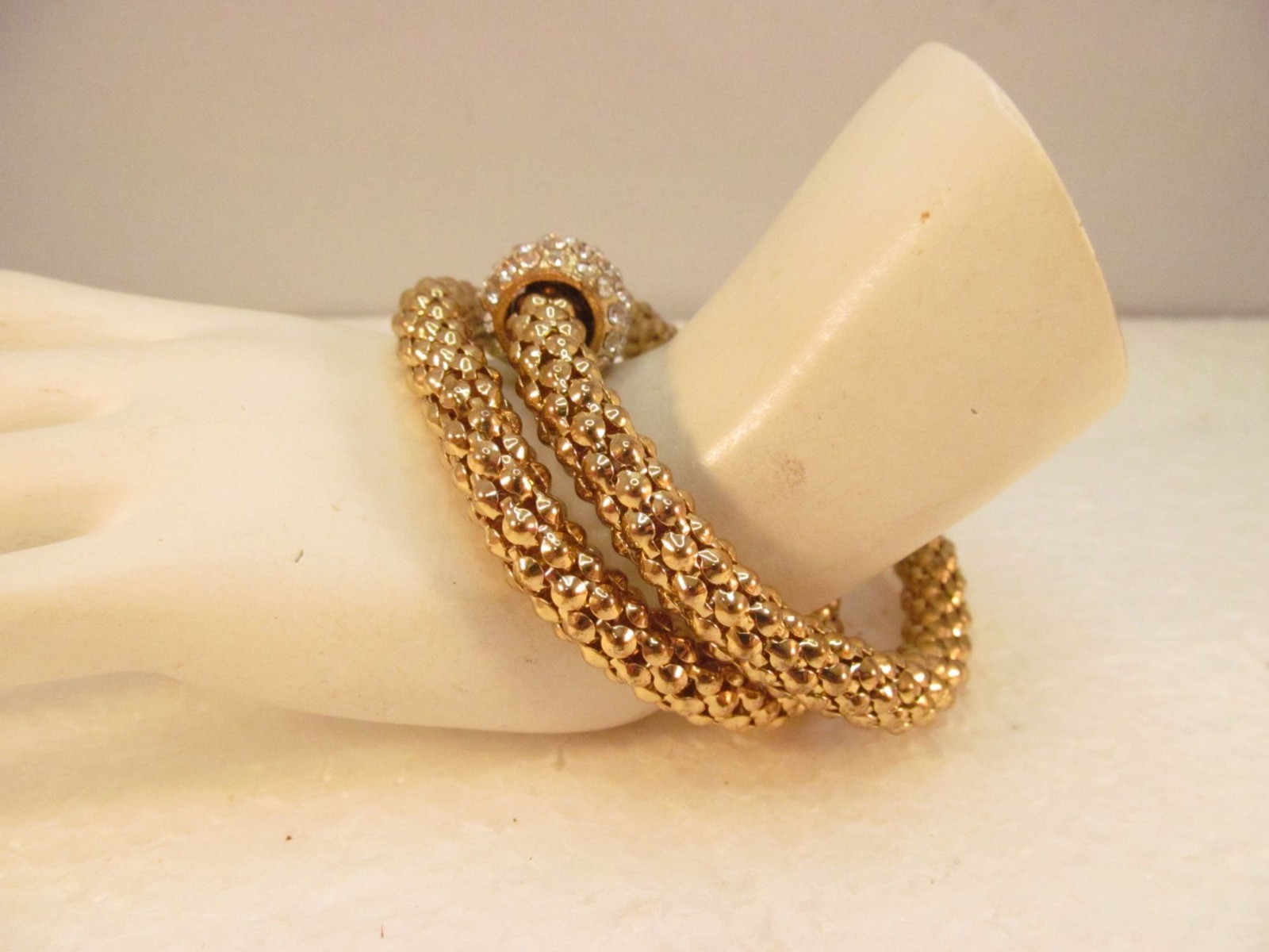 Gold Tone Stretch Metal Mesh Tube Rhinestone Bracelet 2 Piece Lot