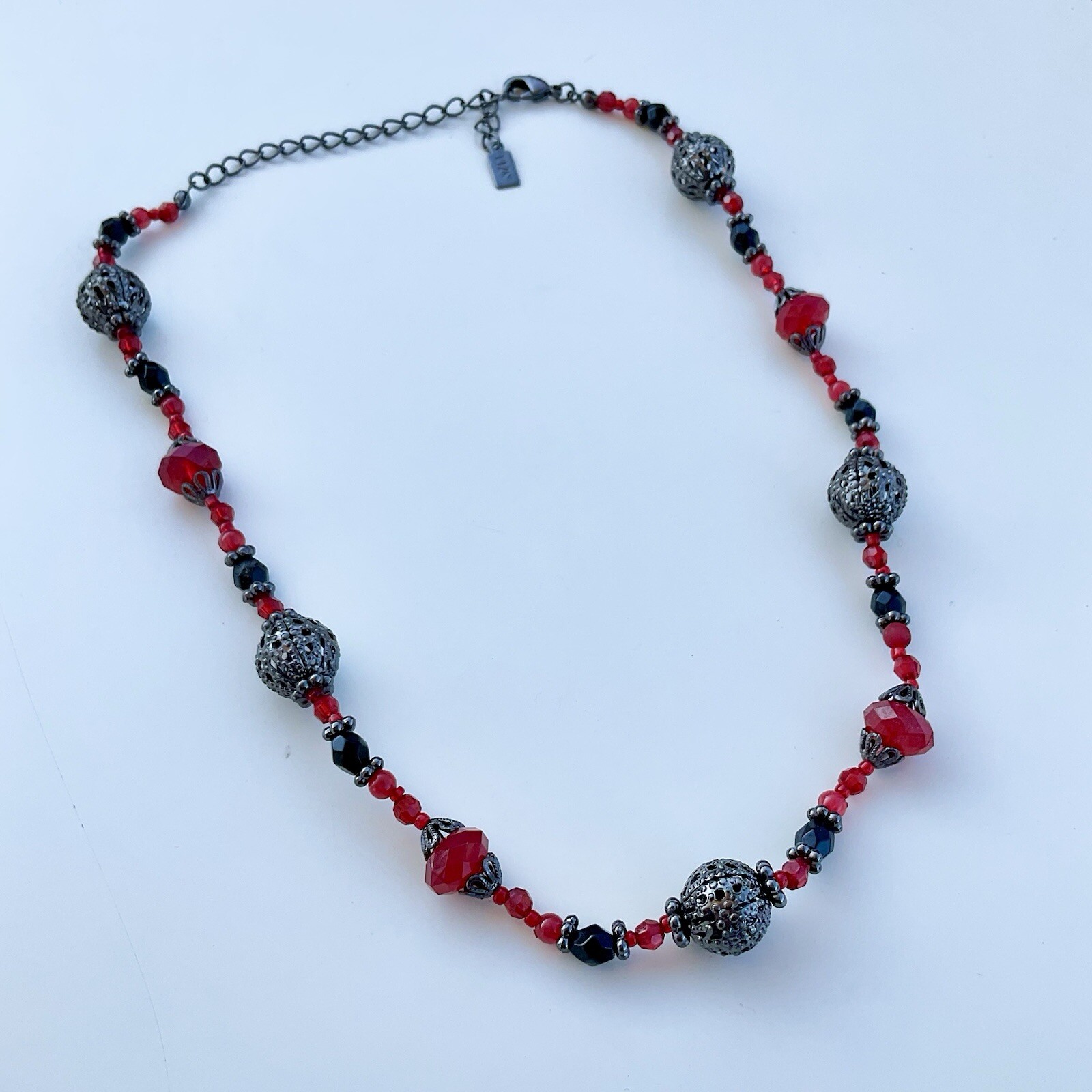 1928 Jewelry Red & Black Ornamental Beaded Necklace, 19” Adjustable
