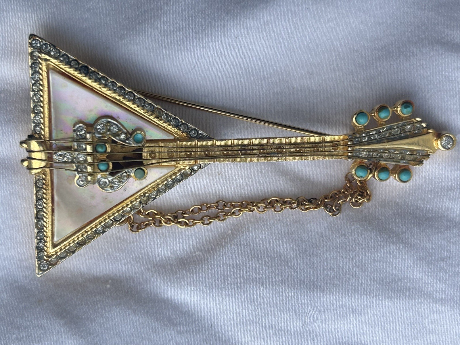 Vintage R Mandle Stamped Russian Balalaika Guitar Brooch Mother Of Pearl Pin MCM