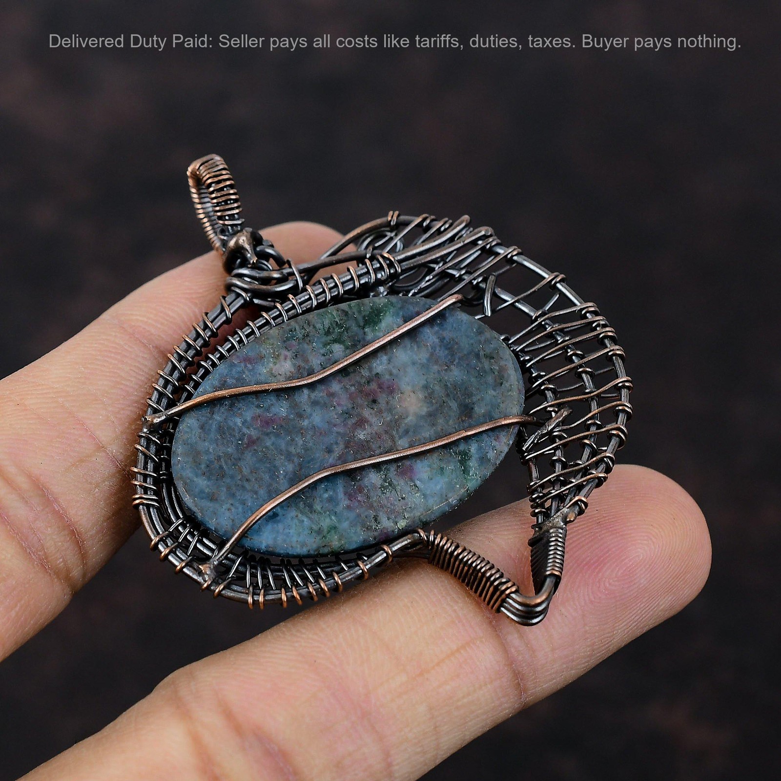 Ruby In Blue Kyanite Gemstone Copper Wire Wrapped Birthday Wife Pendant Jewelry