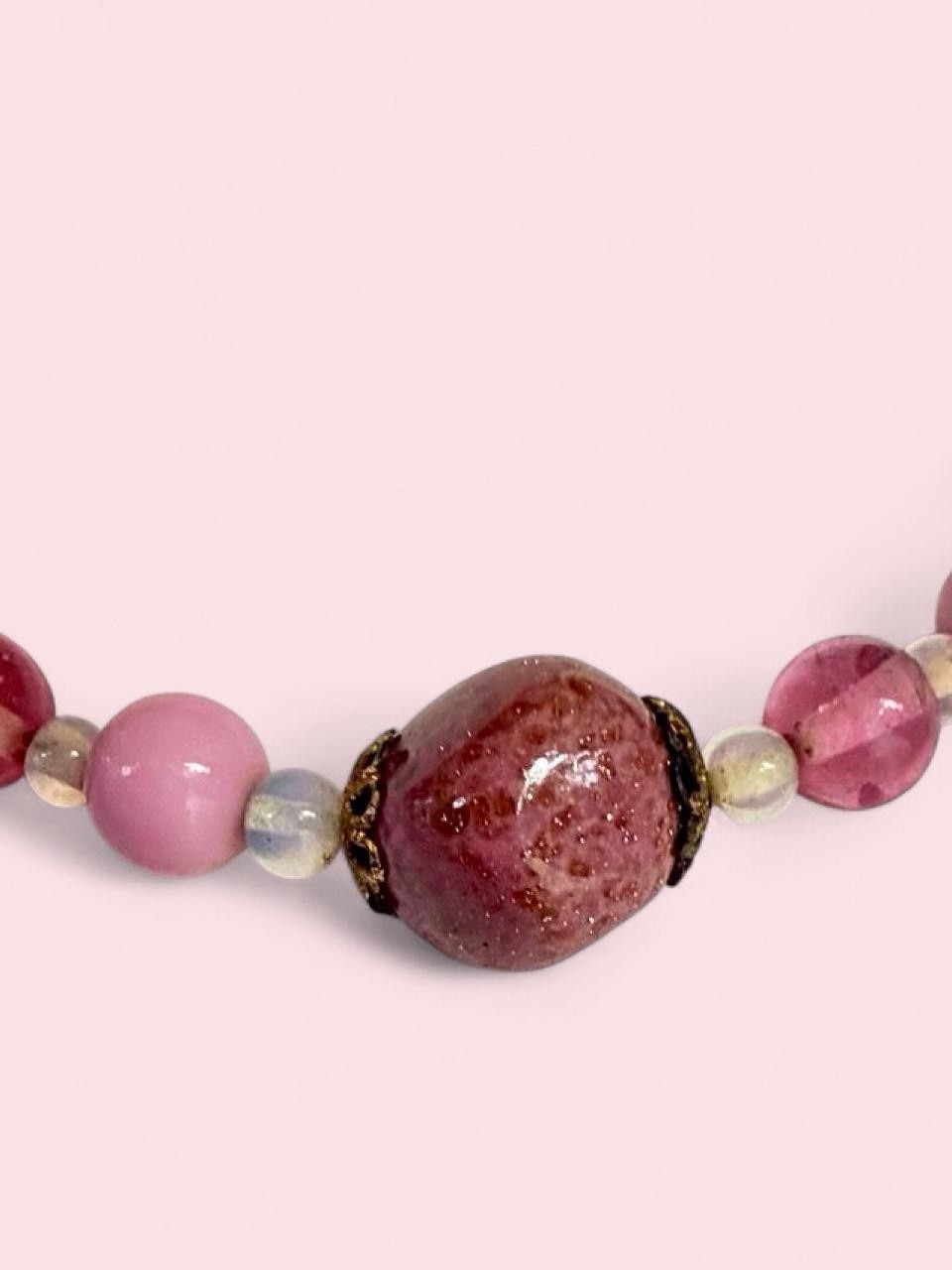 1950s Pink Art Glass Beaded Necklace 48” Hand Knotted Long Flapper Strand 108g