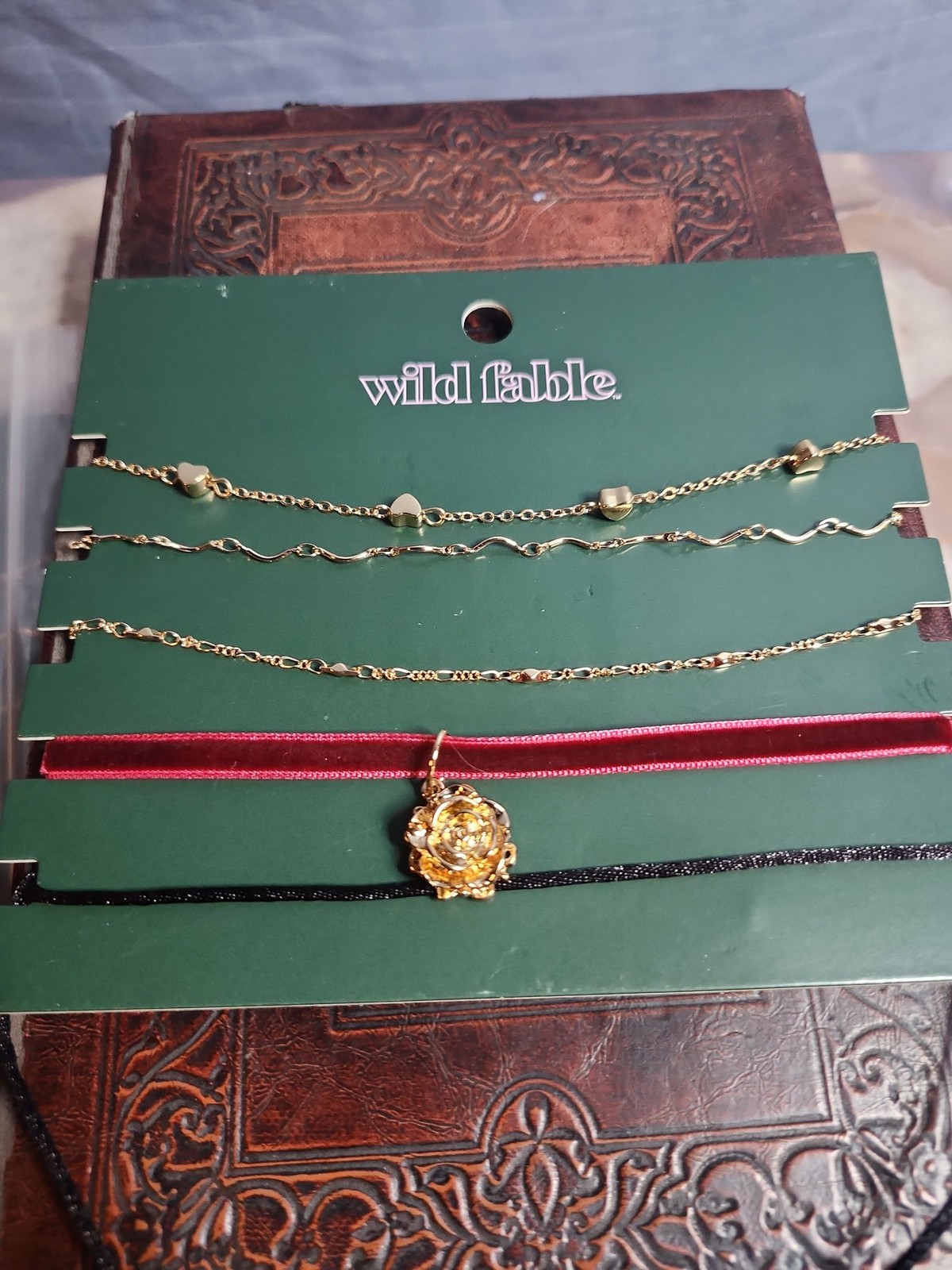 Wild Fable 4pc Necklace Set Gold Tone Chain Red Velvet Rose Charm