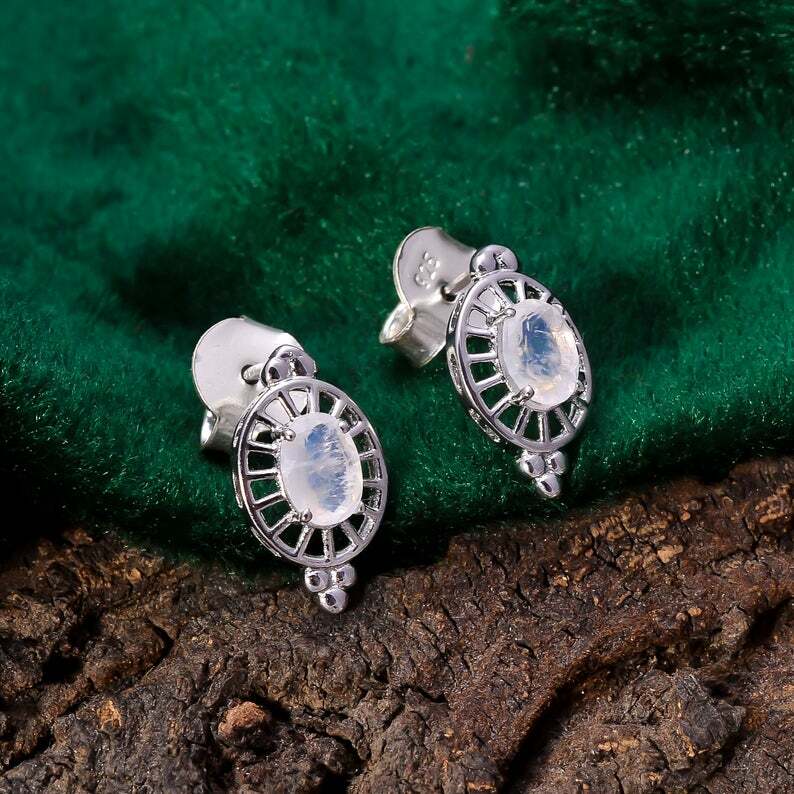 Natural Rainbow Moonstone 3.3 Gram Silver 92.5 Sterling Silver 0.7″Long Studs