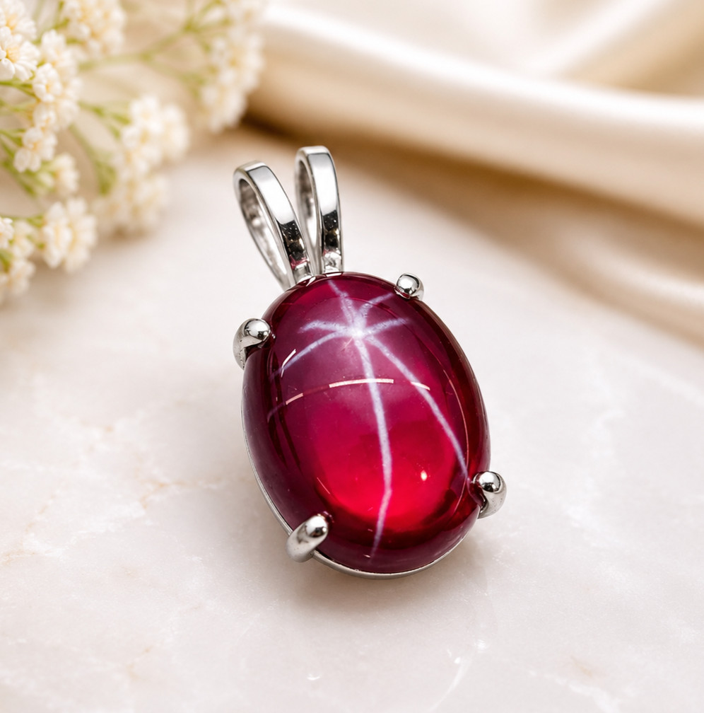 10CT Natural Red Star Sapphire Pendant | 925 Sterling Silver | Oval Cabochon