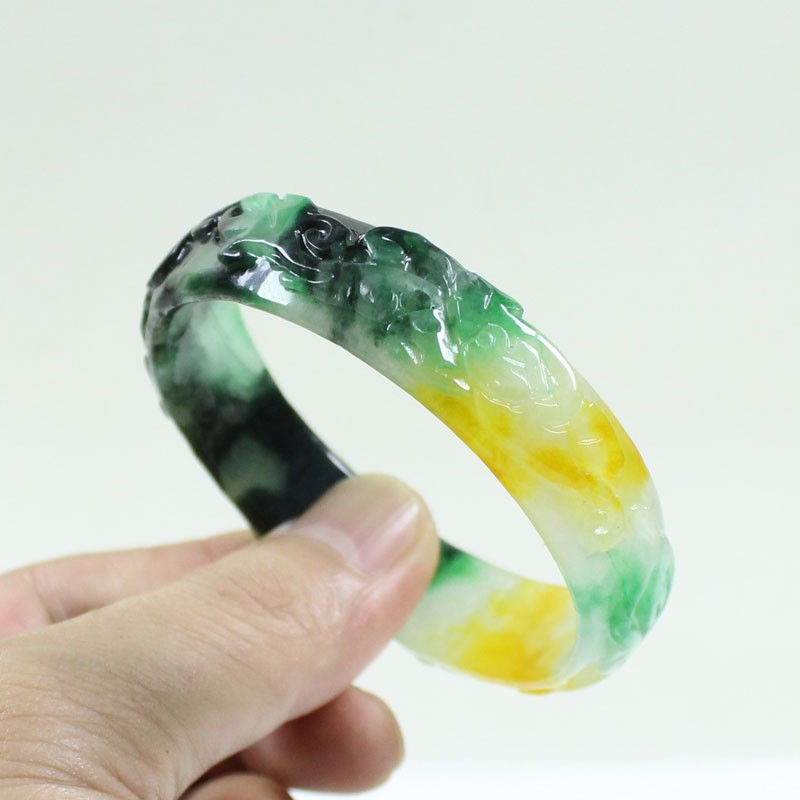 61mm Real Natural Ice Multicolor Burmese Jade jadeite Carving Bracelet Bangle